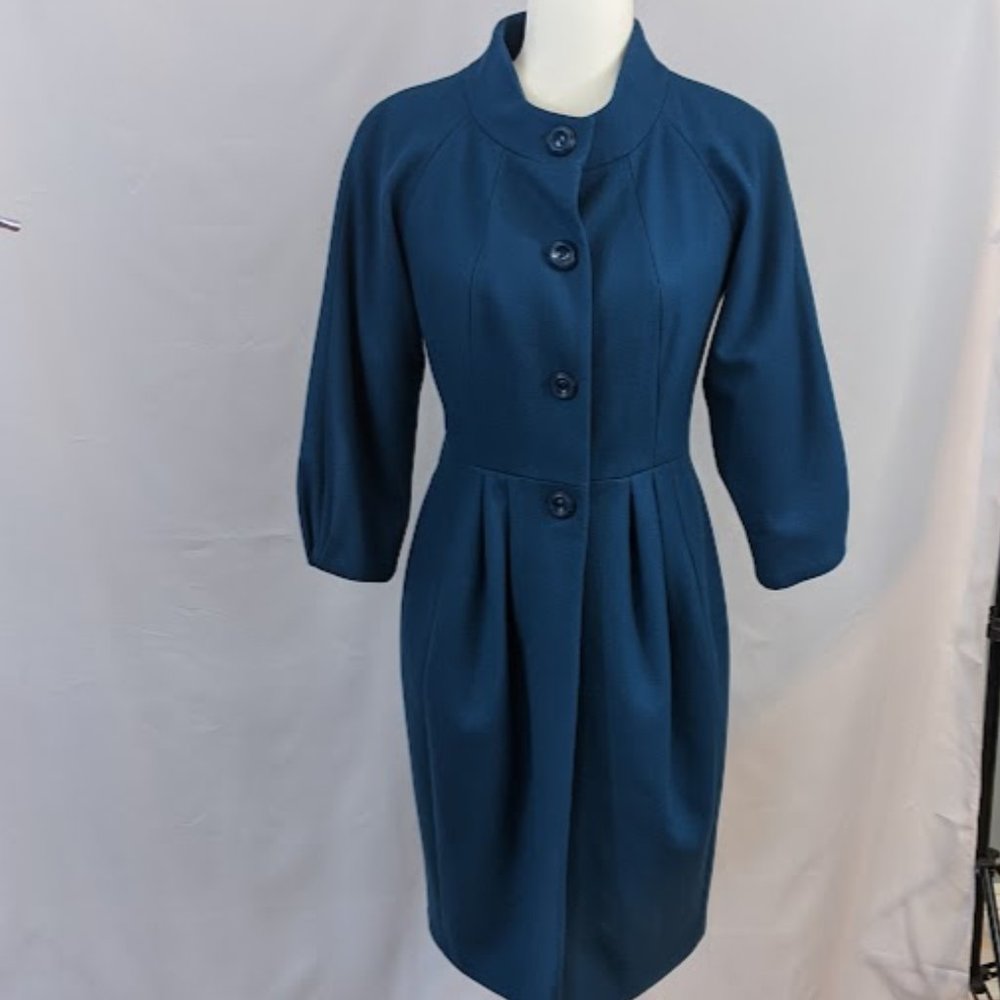 H & M Teal Blue-Green Cinched Waist Wool Blend Button Up Coat Size 6
